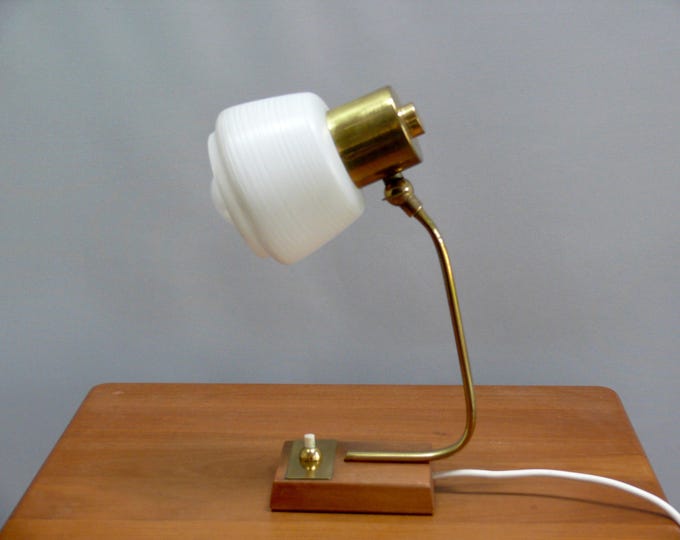 Bedside lamp - brass, teak, opal glass - 1960s, Mid Century, Vintage