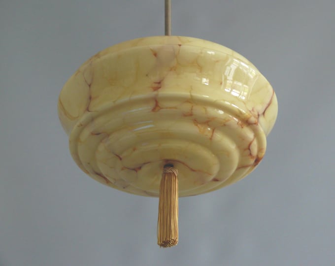Art Deco rod pendant lamp with marbled glass shade, Germany 1930s