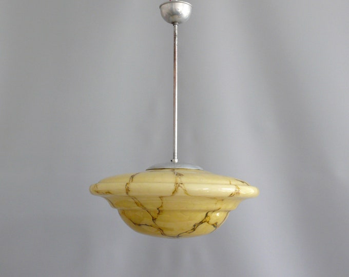 Art Deco pendant lamp with decorated glass shade and metal suspension - approx. 1940 - 1950