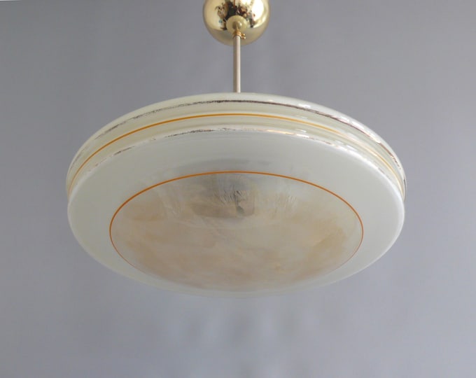 Art Deco rod pendant lamp in beige, UFO lamp, brass suspension - 1940s-1950s