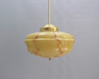 Art Deco rod pendant light, beige marbled, brass suspension - 1930s
