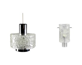 Set of Hillebrand Murano/Ice Glass Pendant Lamp and Wall Light - 1960s