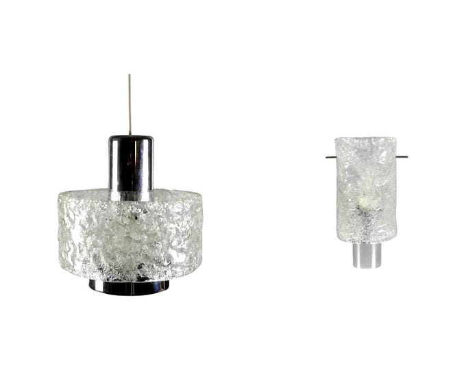 Set of Hillebrand Murano/Ice Glass Pendant Lamp and Wall Light - 1960s