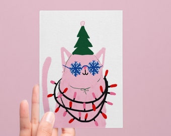 Christmas card cat illustration, carte joyeux Noël chat rose, illustration merry xmas, pink, meow, kitty