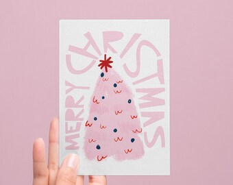 Christmas card merry christmas pink tree, Christmas card merry Christmas, коледна картичка весела коледа, illustration merry xmas fir
