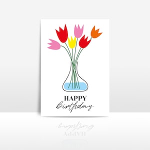 happy birthday card with tulip flowers in vase