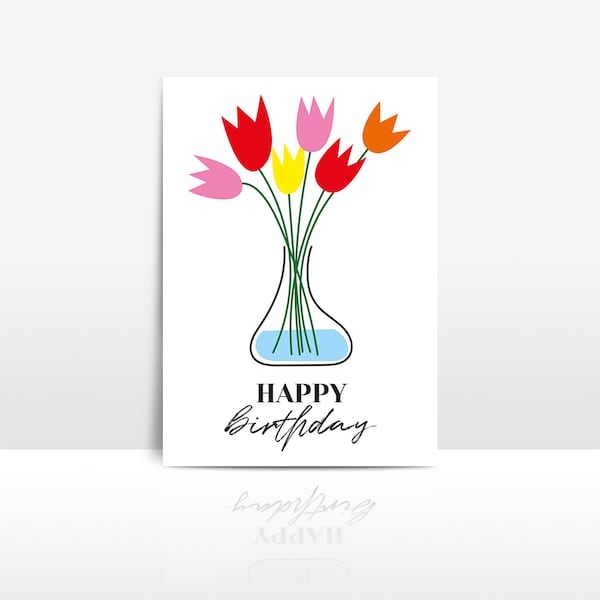 happy birthday card with tulip flowers in vase