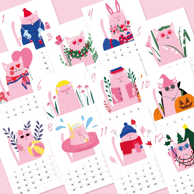 Calendrier 2024 pour bureau chevalet bois illustration chat rose calendar desk cat illustration for 2024 image 2