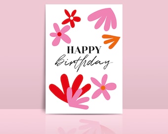 happy birthday card flowers pink red illustration