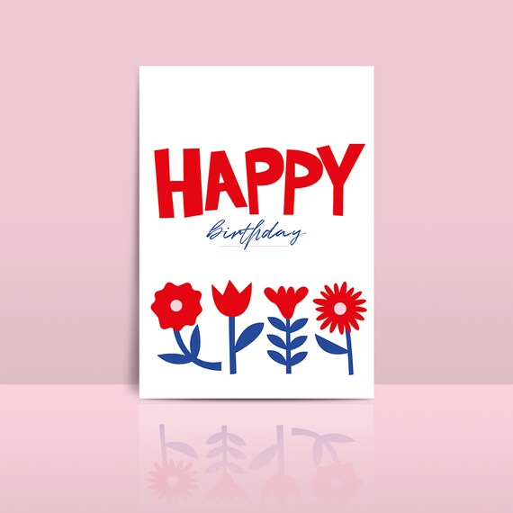 Happy Birthday Card Flowers Illustration Etsy