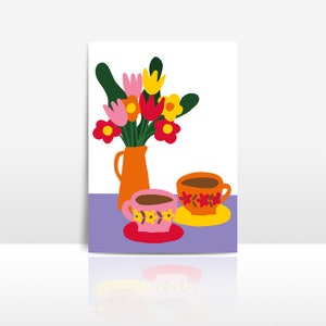 illustration flowers two cups coffee/illustration fleurs deux tasses café