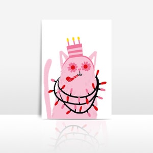 Happy birthday card with illustration of funny cat wearing cake glasses and party hat