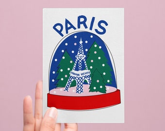 Cartolina di Natale Palla di neve Torre Eiffel Parigi | Illustrazione della carta di Parigi con la Torre Eiffel da Parigi Francia