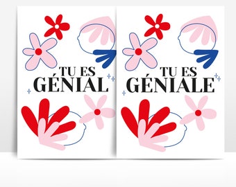 Carte tu est génial, géniale, you are awesome, merci ; illustration fleurs flowers illustration