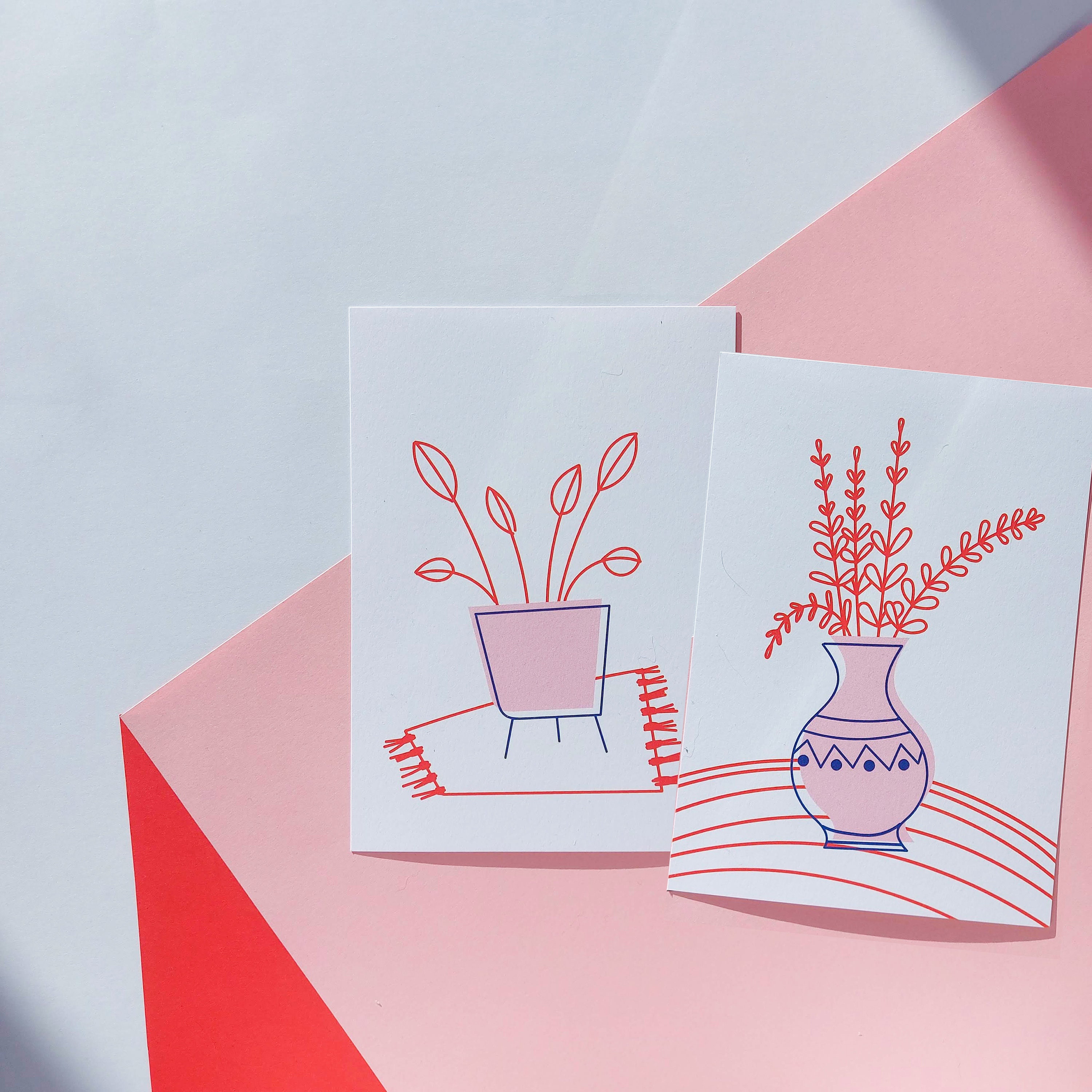 2 X Botanical Pink Red Art