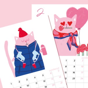 Calendrier 2024 pour bureau chevalet bois illustration chat rose calendar desk cat illustration for 2024 image 5