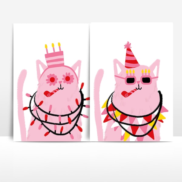 Happy birthday card with illustration of funny cat wearing cake glasses and party hat