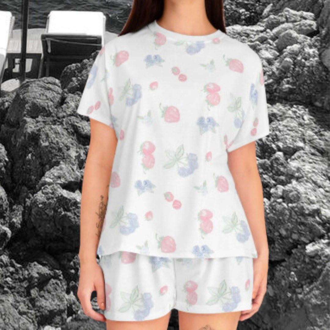 Fruit Pyjama Set, Summer Fruit, Farmers Market Short Sleeve Shorts Cherry Strawberry Blueberry ...
