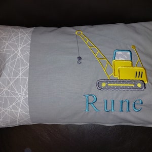 Children's pillow with name - excavator, crane, customizable (size 50 x 30 cm)