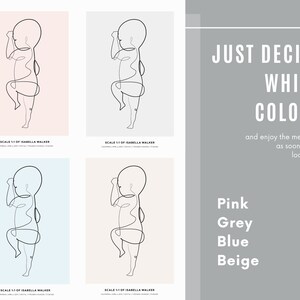 May include: Four different color options for a printable art print featuring a line drawing of a baby. The text on the print reads "SCALE 11 OF ISABELLA WALKER". The text below the prints reads "JUST DECIDE WHICH COLOUR and enjoy the memories as soon as you look at it!" with the color options listed below: Pink, Grey, Blue, Beige.