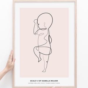 May include: A black and white line drawing of a baby in a single line. The drawing is on a light pink background with the text "SCALE 1:1 OF ISABELLA WALKER" and "CALIFORNIA/APRIL 6, 2019/7:30P.M./7 POUNDS 4 OUNCES/19 INCHES" below the drawing.