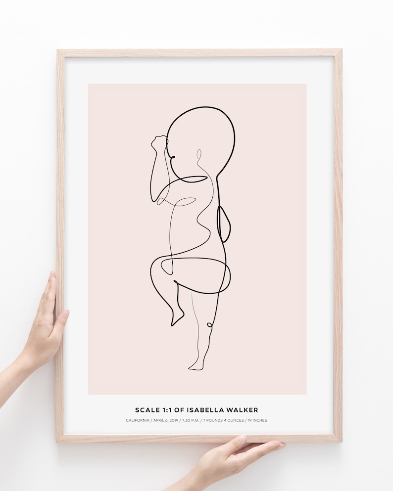 May include: A black and white line drawing of a baby in a single line. The drawing is on a light pink background with the text "SCALE 1:1 OF ISABELLA WALKER" and "CALIFORNIA/APRIL 6, 2019/7:30P.M./7 POUNDS 4 OUNCES/19 INCHES" below the drawing.