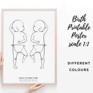 Póster de nacimiento a escala 1:1 / Póster de bebé gemelo / Póster de nacimiento personalizado / Póster de nacimiento personalizado / Archivo digital
