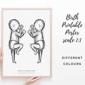 Geburtsposter im Maßstab 1:1 | Zwillingsbaby Poster | Personalisiertes Geburtsposter | Personalisiertes Geburtsposter | Digitale Datei
