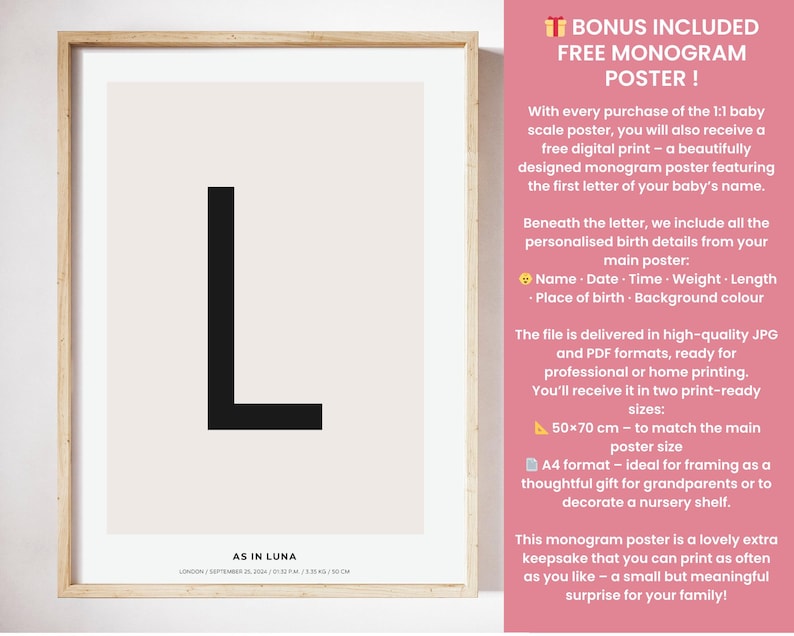 Custom Baby Birth Poster | 1:1 Scale Newborn Art Print (Digital) image 7