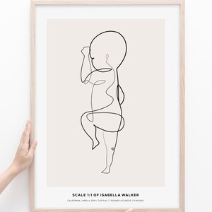 May include: A black and white line drawing of a baby in a minimalist style. The drawing is framed and includes the text "SCALE 1:1 OF ISABELLA WALKER CALIFORNIA/APRIL 6, 2019/7:30P.M./7 POUNDS & OUNCES/19 INCHES".