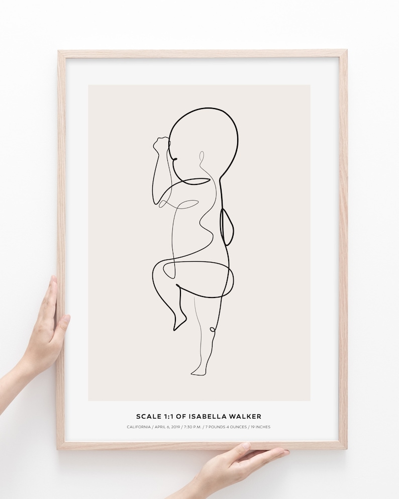 May include: A black and white line drawing of a baby in a minimalist style. The drawing is framed and includes the text "SCALE 1:1 OF ISABELLA WALKER CALIFORNIA/APRIL 6, 2019/7:30P.M./7 POUNDS & OUNCES/19 INCHES".
