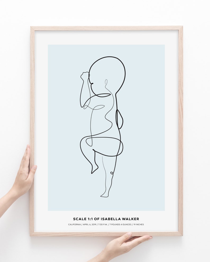 May include: A black and white line drawing of a baby in a minimalist style. The drawing is on a light blue background and is framed in a light wood frame. The text "SCALE 1:1 OF ISABELLA WALKER" is below the drawing, along with the baby's birth information: "CALIFORNIA/APRIL 6, 2019/7:30P.M./7POUNDS 4 OUNCES/19 INCHES".