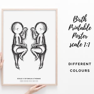 Geburtsposter im Maßstab 1:1 | Zwilling Baby Poster | Geburtsposter | Personalisiertes BabyPoster