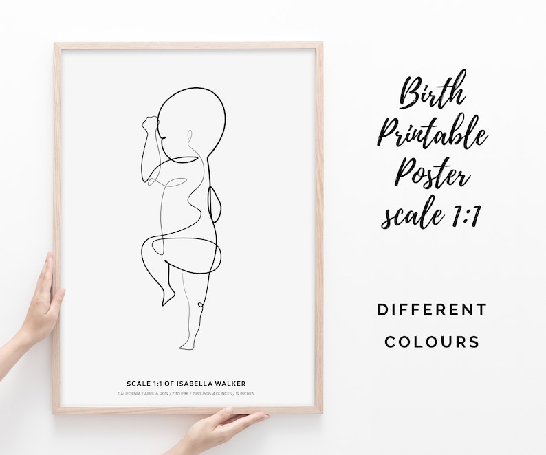 May include: A black and white line drawing of a baby in a one-line art style. The drawing is framed and includes the text "SCALE 1:1 OF ISABELLA WALKER", "CALIFORNIA", "APRIL 8, 2019", "7:50 AM", "7 POUNDS 4 OUNCES", and "19 INCHES". The text "Birth Printable Poster scale 1:1 DIFFERENT COLOURS" is also included in the image.