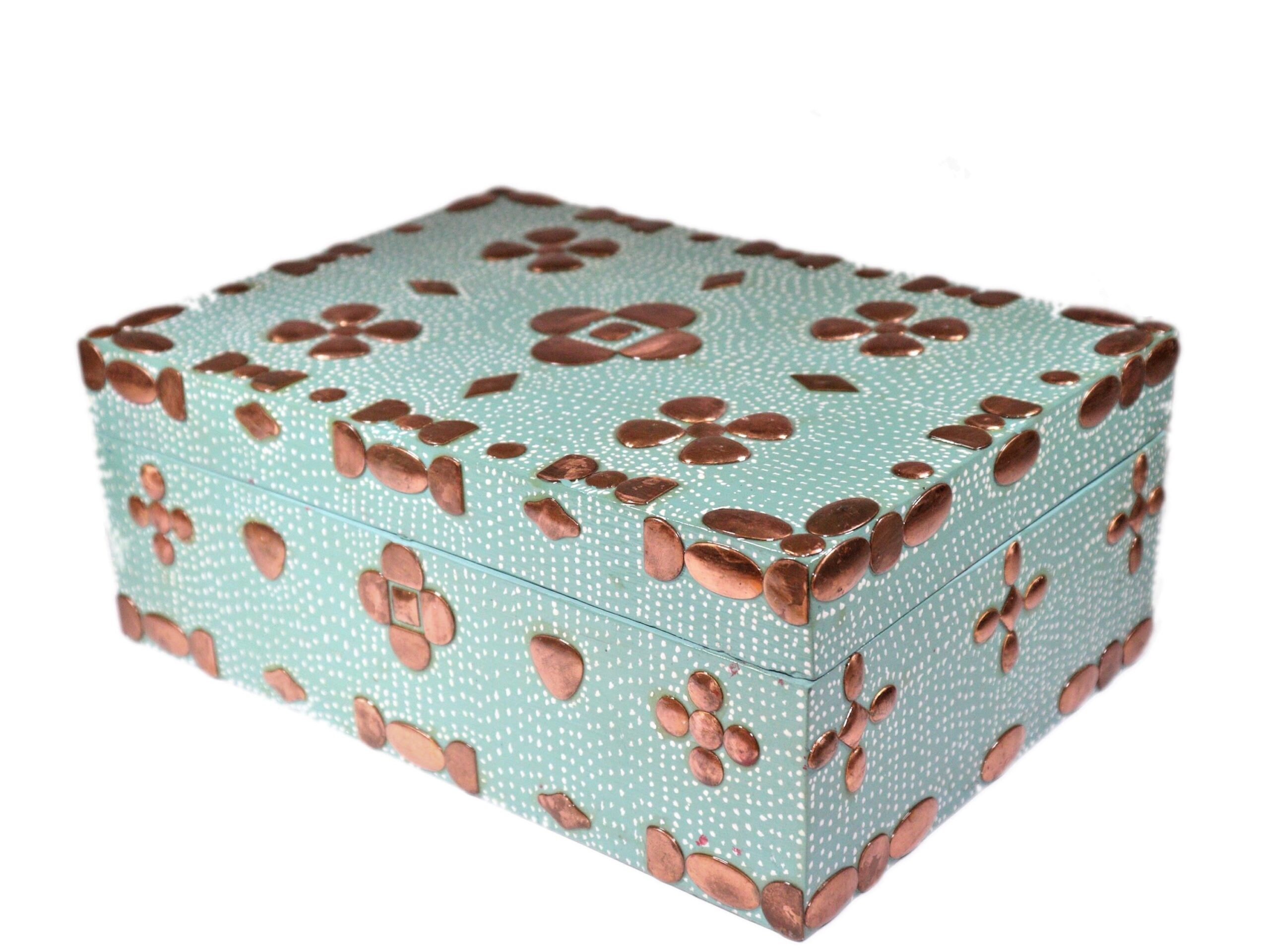 Boîte à Coffre de Bijoux en Bois Peinte Dans Les Ornements Bleus Turquoise et Cuivre 11'30'21 cm