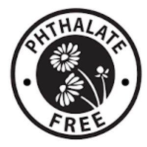 Op de afbeelding: Zwart-wit logo met de tekst "Phthalate Free" in een cirkel. Het logo toont drie gestileerde witte bloemen met zwarte stelen.