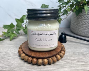 Puede incluir: Una vela en tarro de cristal con tapa negra, etiquetada "Apple Harvest" por Little Red Hen Candles. La vela está sobre un posavasos de madera con cuentas. La vela es de 227 gramos.