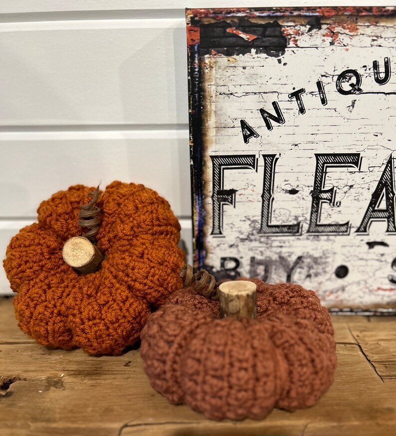 May include: Two crocheted pumpkins, one orange and one brown, with wooden stems. The pumpkins are sitting on a wooden surface in front of a sign that reads "Antique Flea Buy Sell".