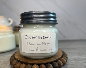 Peppermint Mocha Soy Candle | 8 oz Hand-Poured Candle | Chocolate & Peppermint Scent | Cozy Holiday Winter Gift | 100% Vegan Soy Wax