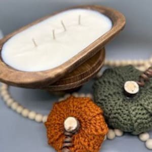 Fall Decor Bundle Hand-Carved Wooden Dough Bowl Candle with Handmade Crochet Pumpkin - Harvest Home Decor-Cozy Autumn Centerpiece