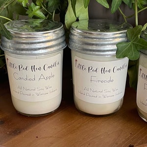 May include: Four glass jars with metal lids containing soy wax candles. The candles are labeled with the scents: Vanilla, Candied Apple, Fireside, and Pumpkin Bread. All candles are hand poured in Wisconsin.