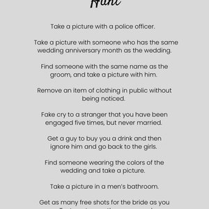Bachelorette party scavenger hunt game