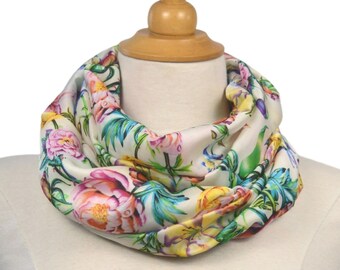 Floral Cotton Infinity Scarf, Lightweight Cowl with Flower Print, Double Wrap Scarf