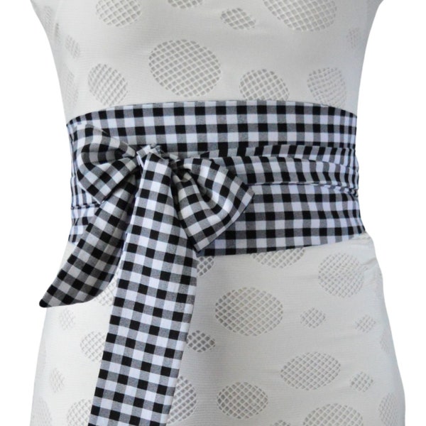 Black and White Gingham Obi Belt, Plaid Belt for Women, Vichy Wrap Around Fabric Sash