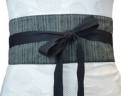 Reversible Obi Belt in Denim and Herringbone Print, Blue Black Adjustable Wrap Belt, Blue Jeans Belt