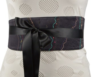 Black Obi Belt With Embroidery, Reversible Satin Fabric Belt, Wide Sash with Embellishments
