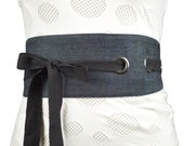 Denim Obi Belt with Metal Grommets, Dark Blue Jeans Adjustable Wrap Belt with Ties