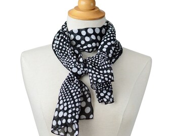 Black and White Polka Dot Scarf, Lightweight Drapey Scarf for Women, Printed Chiffon Rectangular Scarf, Black with White Dots