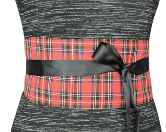 Red Tartan Reversible Obi Belt, Plaid Fabric Belt, Wide Black Satin Wrap Belt, Adjustable Belt with Ties