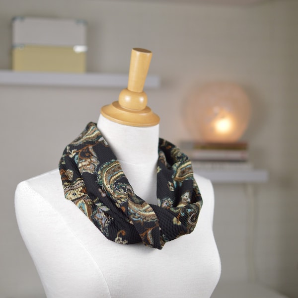 Black Infinity Scarf with Paisley Pattern, Circular Scarf for women,  Moebius Scarf in Jersey